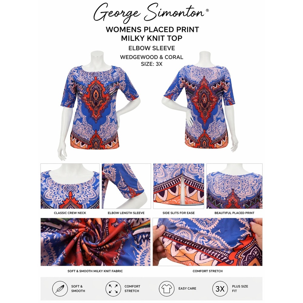 George Simonton Womens Milky Knit Placed Print Elbow Sleeve Top Blue Coral 3X